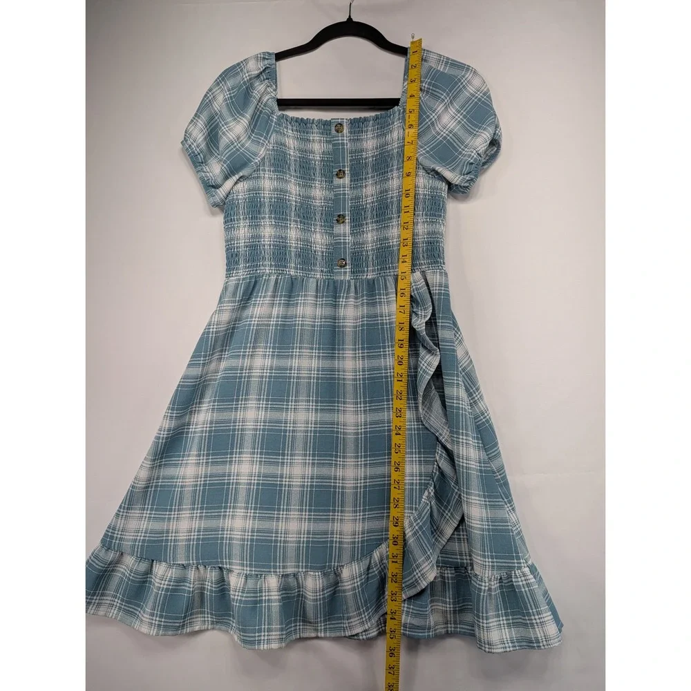 Wonder Nation Girls Plaid‎ Smocked Square Neck Ruffle Dress XL 14 16 Blue White
